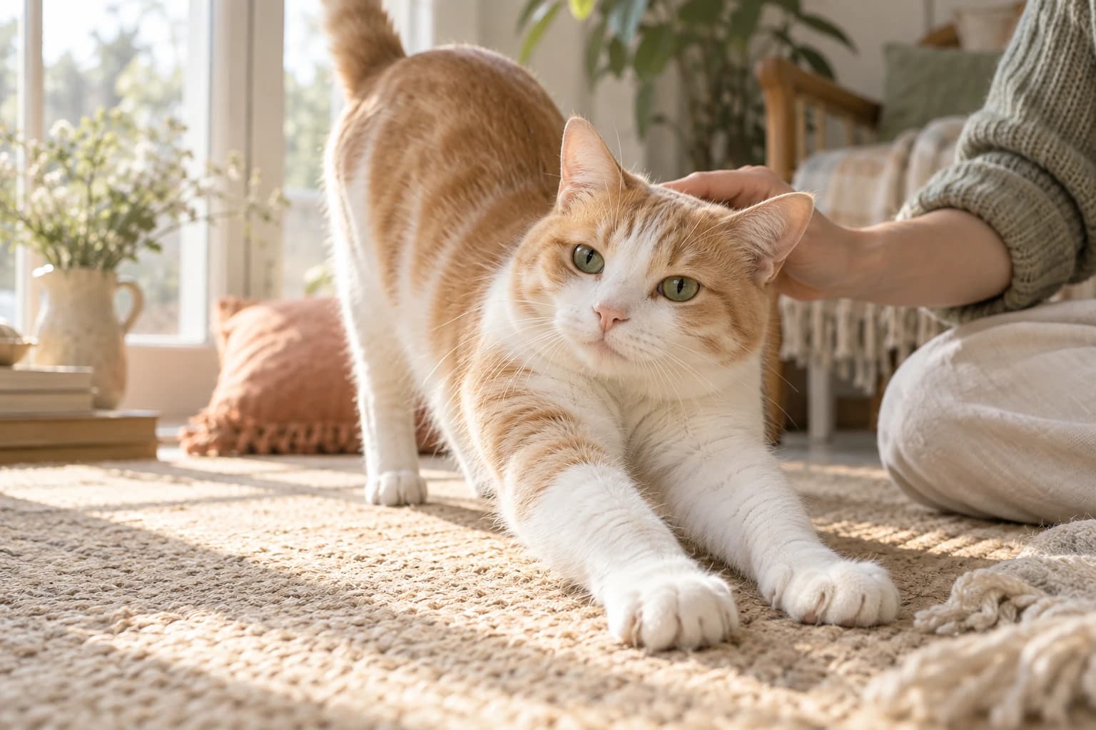 Eine entspannte cremefarbene Katze neben der Hand ihres Menschen auf einem hellen Teppich