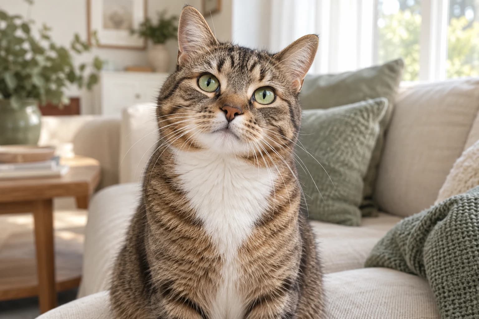 Eine neugierige Katze auf einem Sofa
