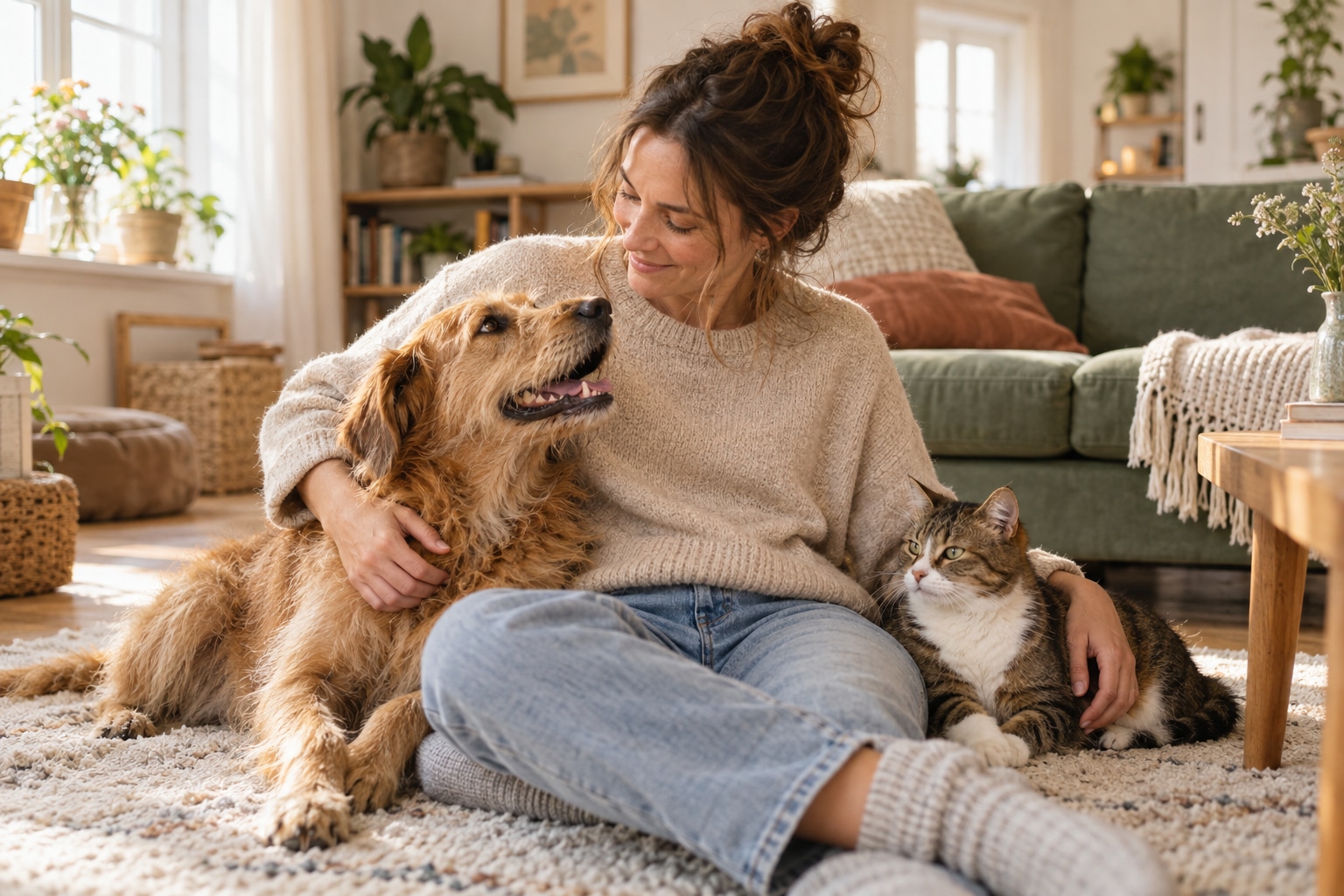 Eine Frau kuschelt mit ihrem Hund und ihrer Katze auf dem Wohnzimmerteppich